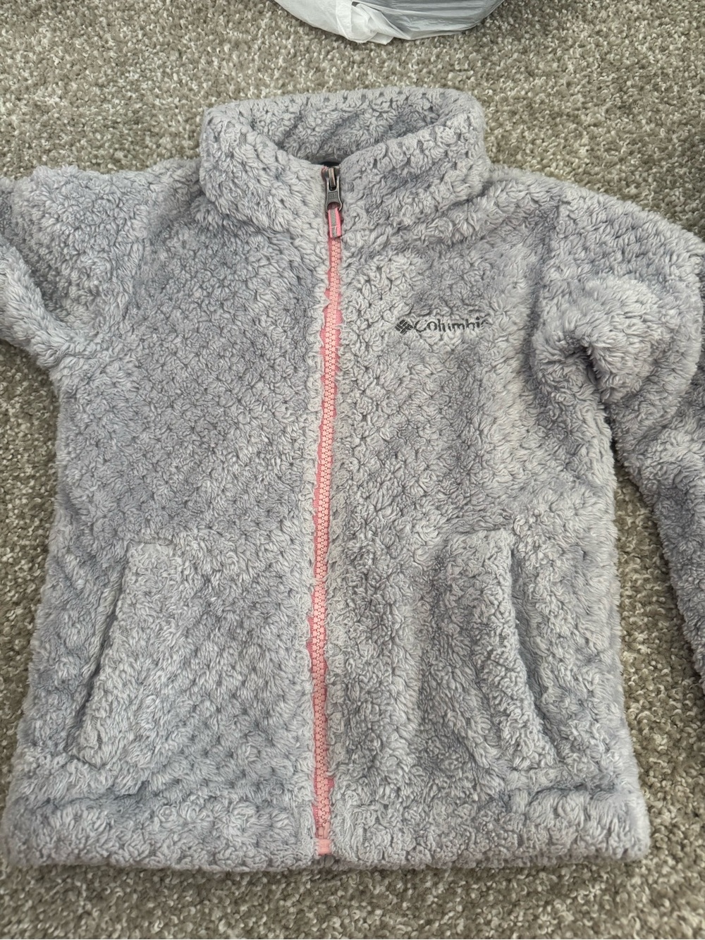 Columbia Light Gray Sherpa Jacket with Pink Zipper Trim